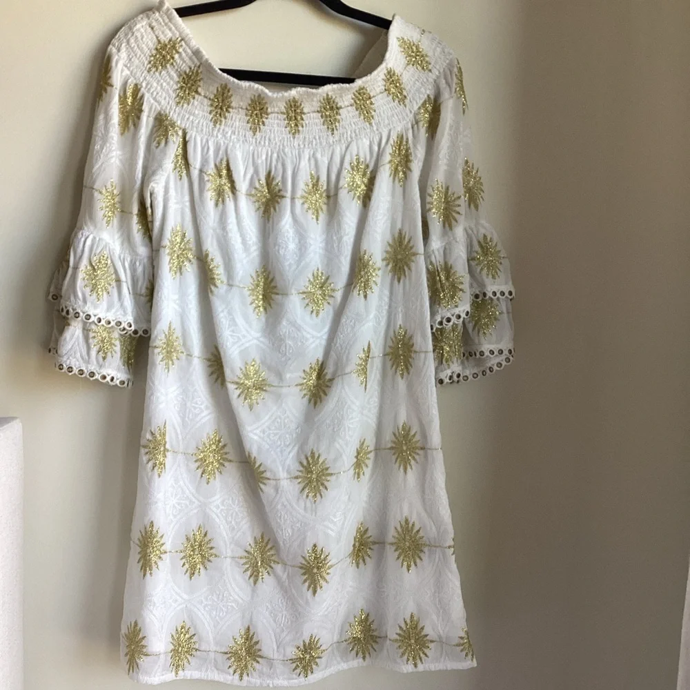 Boston Proper Metallic Detail Off-The-Shoulder Dress Womens Small White Gold - Picture 2 of 15